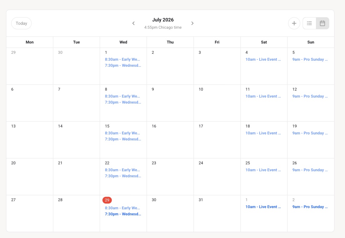 The AI Masters+ live-call calendar — four live sessions with Ed every week