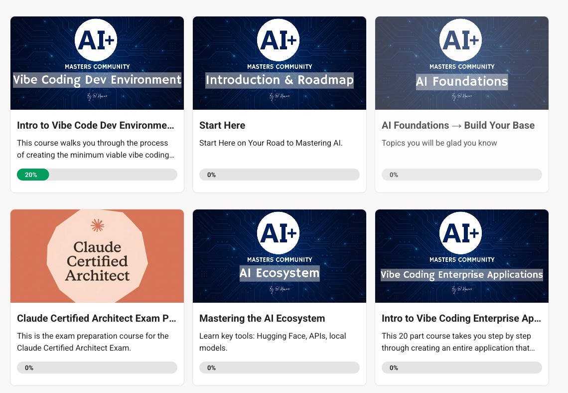 The AI Masters+ classroom — structured courses from Start Here through Vibe Coding Enterprise Applications
