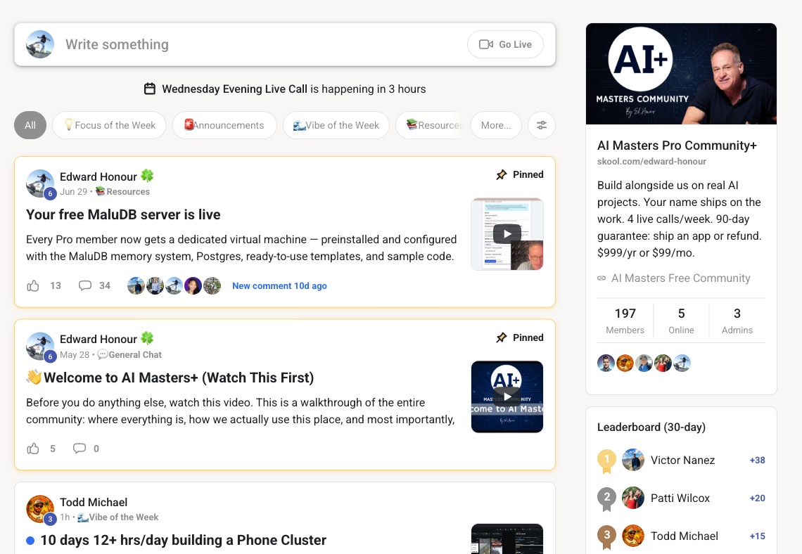 Inside the AI Masters+ community feed — members posting their builds, pinned onboarding from Ed, and the 30-day leaderboard